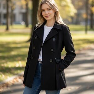 Guess Jacket Black‎ Wool Blend Double Breasted Pleated Zipper Detail Sz. M  NWT